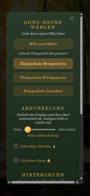 Menü mit Klangschalen, Abdunkelung und Hintergrundfarben